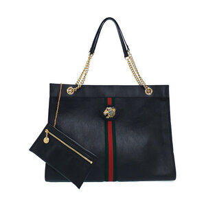 GUCCI Raja Tote Chain Shoulder Bag Leather Black